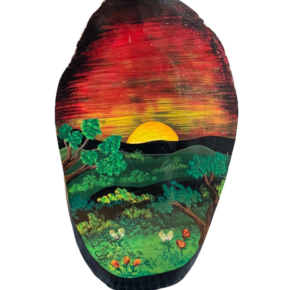 Karol Q Costa Rica Hand Painted Wood Slab Art Tropical Jungle Sunset Landscape